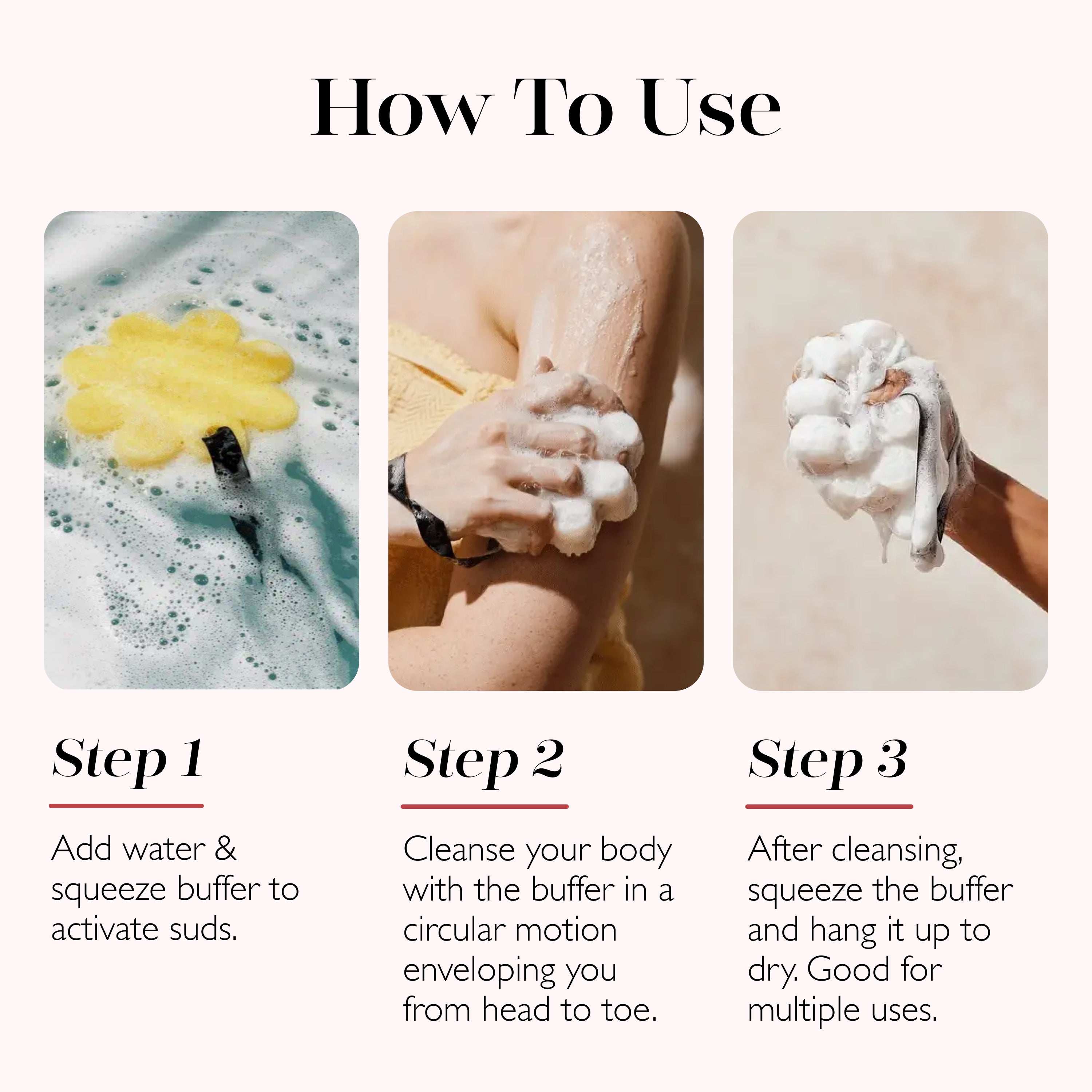Instructions on how to use a buffer for cleansing with images and text.