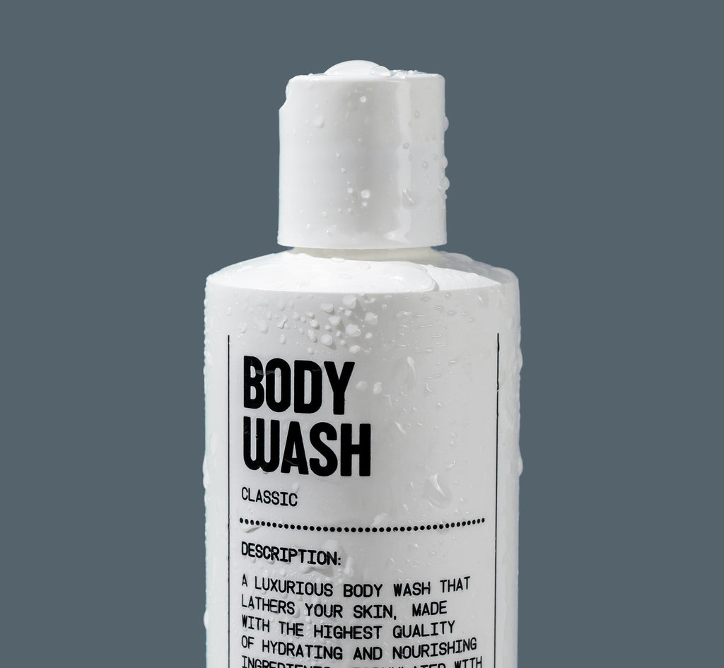 Bottle of body wash with a gray background
