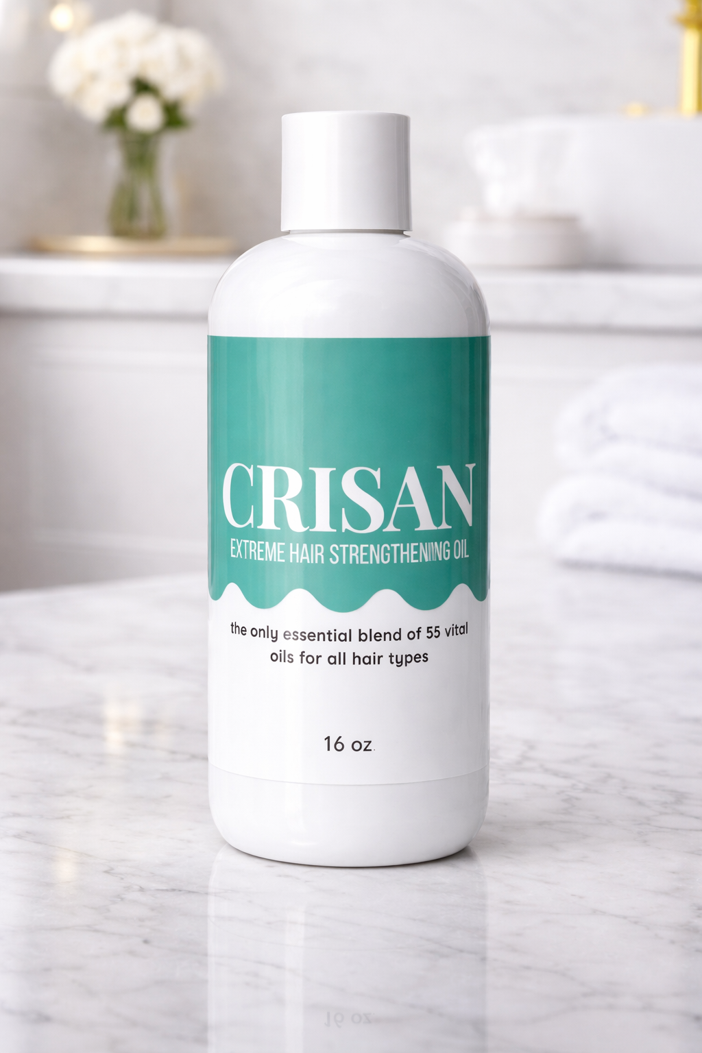 A white bottle of CRISAN Extreme Hair Strengthening Oil with a teal label, set on a white marble countertop with a blurred bathroom background.