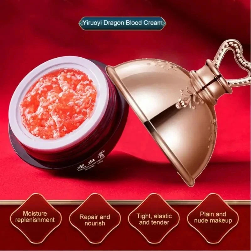Yiruoyi Dragon Blood Cream with a gold container on a red background