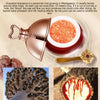 Ceramic bowl with red substance, gold spoon, and images of a plant and red juice.