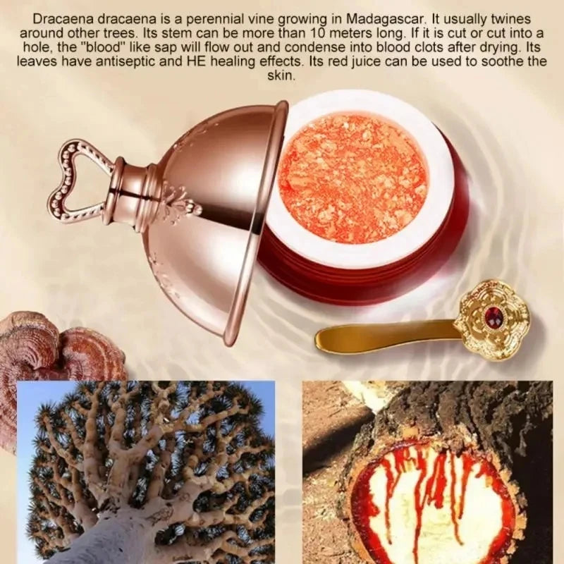 Ceramic bowl with red substance, gold spoon, and images of a plant and red juice.