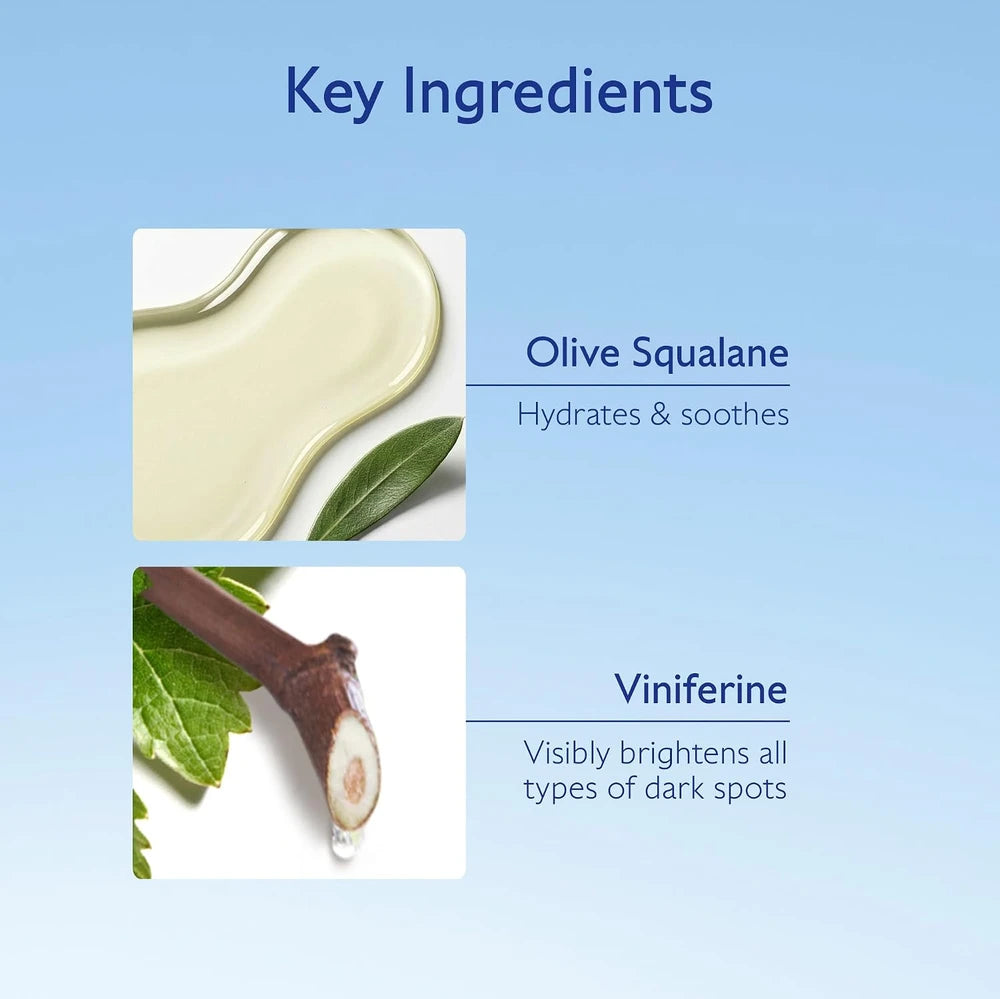 Key ingredients of a skincare product with olive squalane and viniferine on a light blue background.