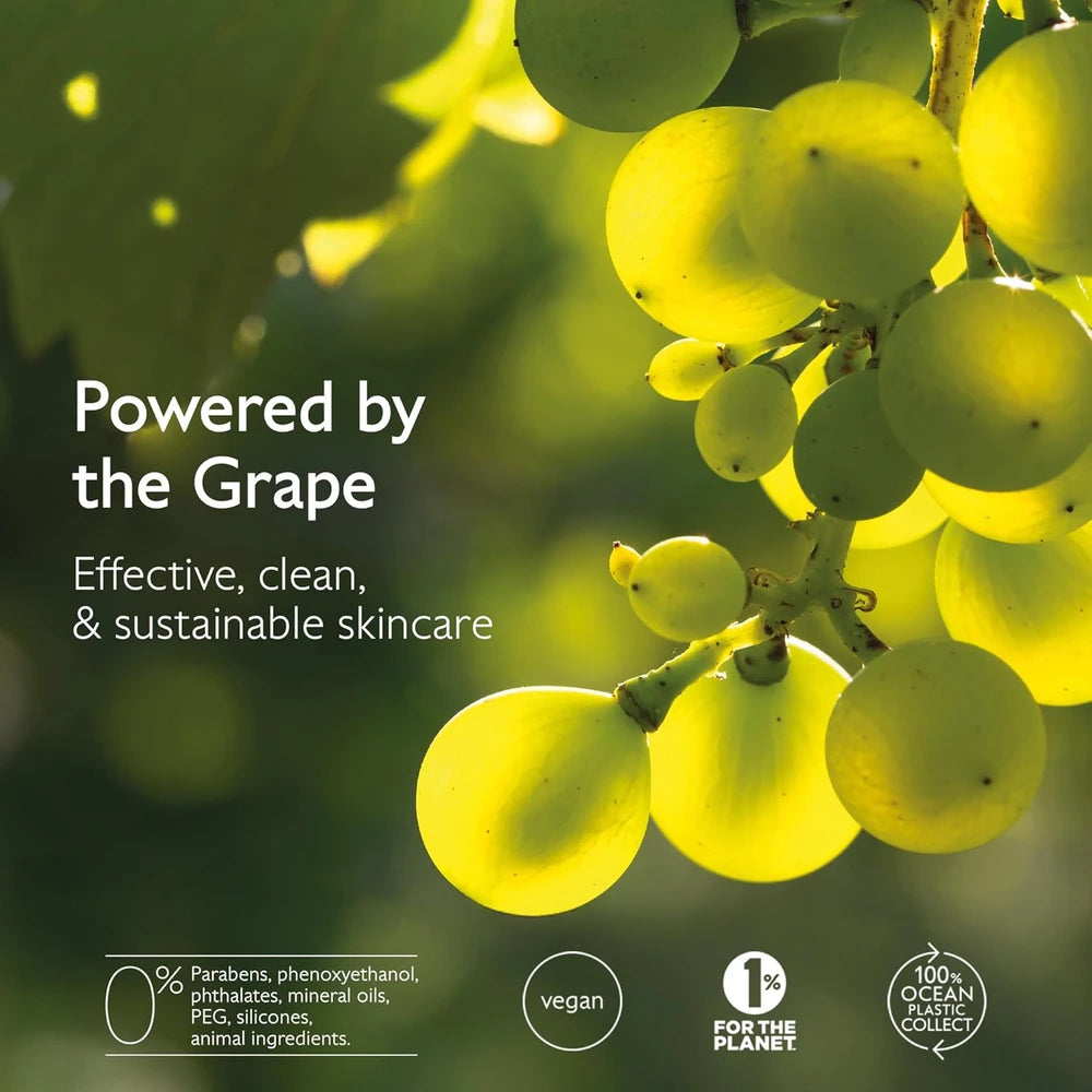 Grapes with text about effective, clean, and sustainable skincare