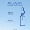 An informational graphic with the heading 'How to Recycle Vinoperfect Serum' on a light blue gradient background, plus text showing recycling options and a simple line drawing of a dropper bottle.