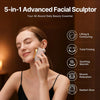 Woman using a 5-in-1 Advanced Facial Sculptor with product features listed on a brown background.