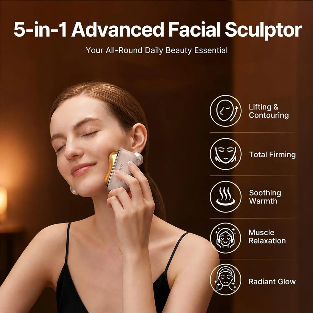 Woman using a 5-in-1 Advanced Facial Sculptor with product features listed on a brown background.