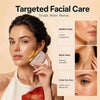 Woman using a skincare device with targeted facial care features on a beige background