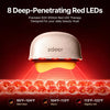 A red LED beauty device labeled 'zdeer' shown above a stylized diagram of skin layers with red light rays. Text at the top reads '8 Deep-Penetrating Red LEDs' and three temperature ranges appear along the bottom.