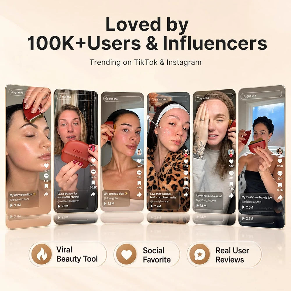 Promotional graphic for a beauty tool on TikTok and Instagram, featuring user-generated content.