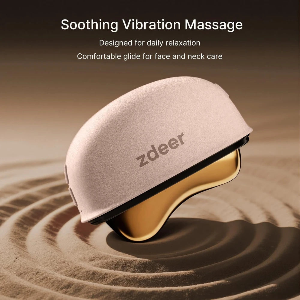 zdeer massage device on sand with text about soothing vibration massage
