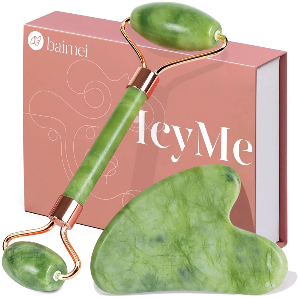 Green jade roller and gua sha tool with 'IcyMe' branding against a pink box background.