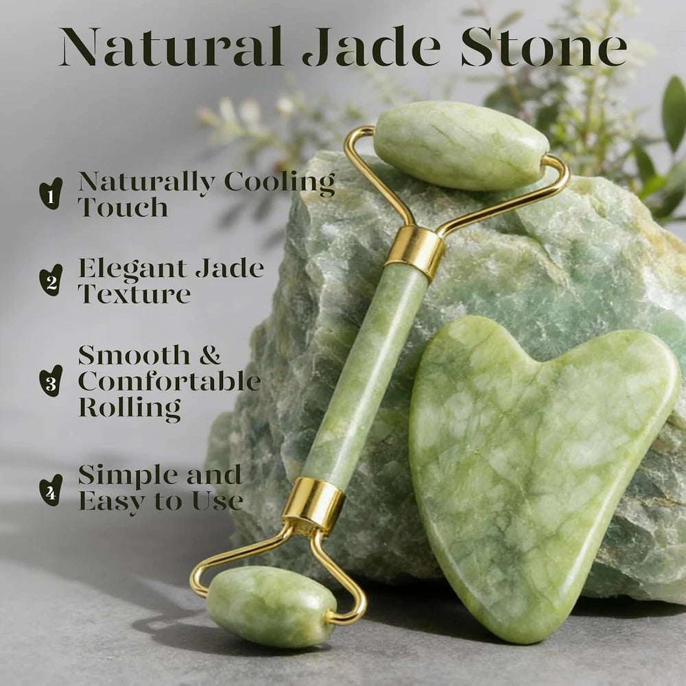 Jade roller and gua sha tool on a stone background with text highlighting features.