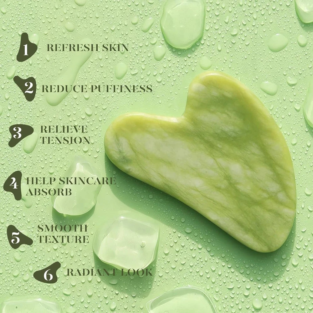 Green gua sha tool on a green background with text listing benefits