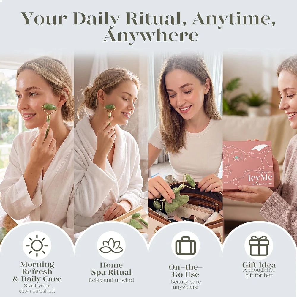 A promotional collage for the IveyMe facial mask set, showing four women in white robes or loungewear applying green mask pads to their faces in bright, clean indoor settings. The top text reads 'Your Daily Ritual, Anytime, Anywhere,' and the bottom row features four white arches with icons and labels for Morning Refresh & Daily Care, Home Spa Ritual, On-the-Go Use, and Gift Idea.