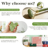 An informational collage promoting a jade roller and facial scraping tool. It features text callouts like 'Sturdy & Smooth Design' and 'Polished Surface & Smooth edges' alongside product close-ups showing the green jade roller head with gold metal frame, a hand holding a green jade刮痧板, and a gift box labeled 'LeVie'.