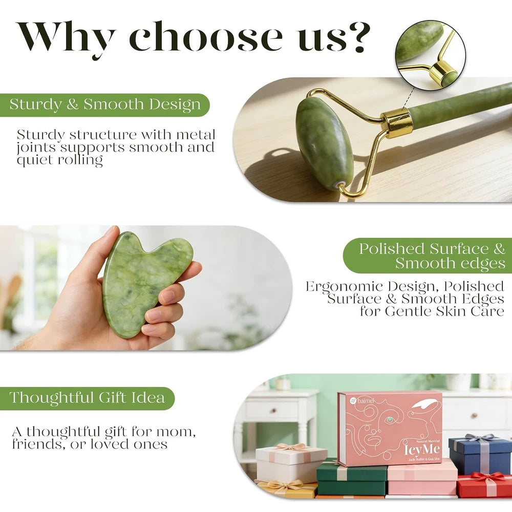 An informational collage promoting a jade roller and facial scraping tool. It features text callouts like 'Sturdy & Smooth Design' and 'Polished Surface & Smooth edges' alongside product close-ups showing the green jade roller head with gold metal frame, a hand holding a green jade刮痧板, and a gift box labeled 'LeVie'.