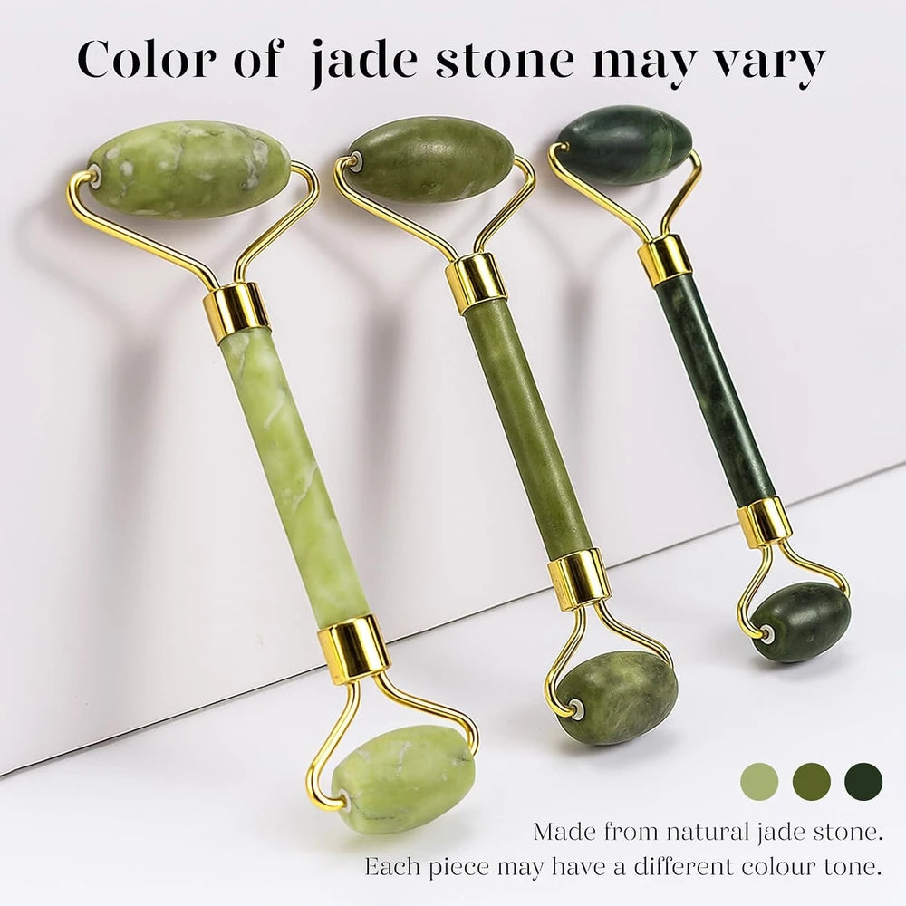 Three jade rollers with gold accents on a white background, showing color variation.