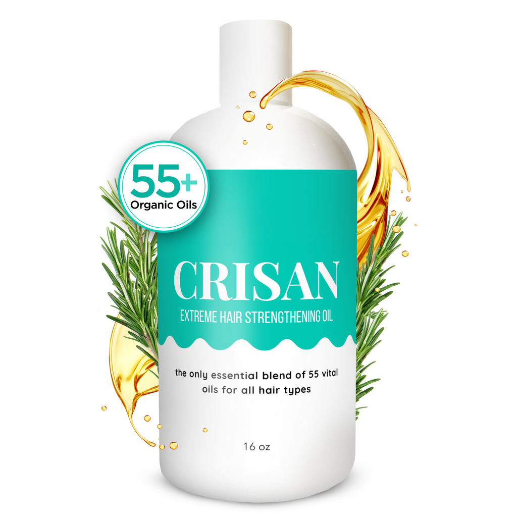 Crisan extreme hair strengthening oil bottle with green label and oil splash on a white background