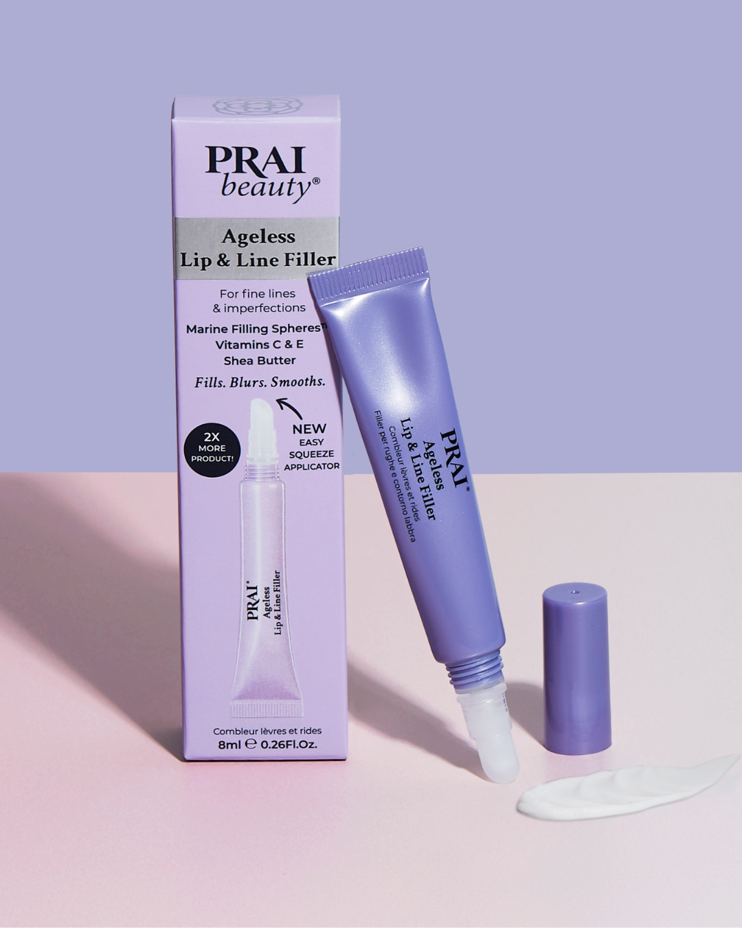PRAI beauty Ageless Lip & Line Filler packaging and product on a light purple background