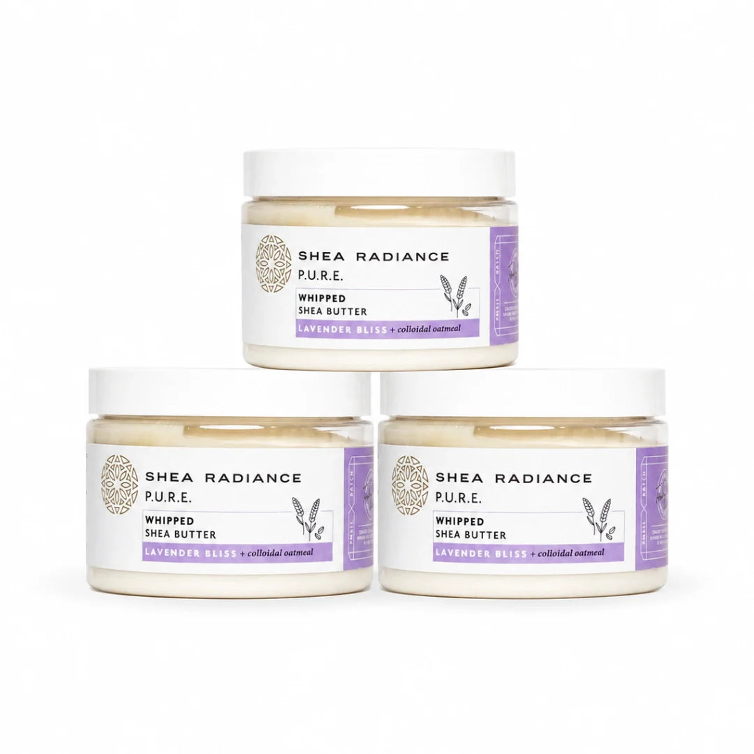 Three jars of Shea Radiance Pure Whipped Shea Butter in Lavender Bliss, arranged in a pyramid on a clean white background.