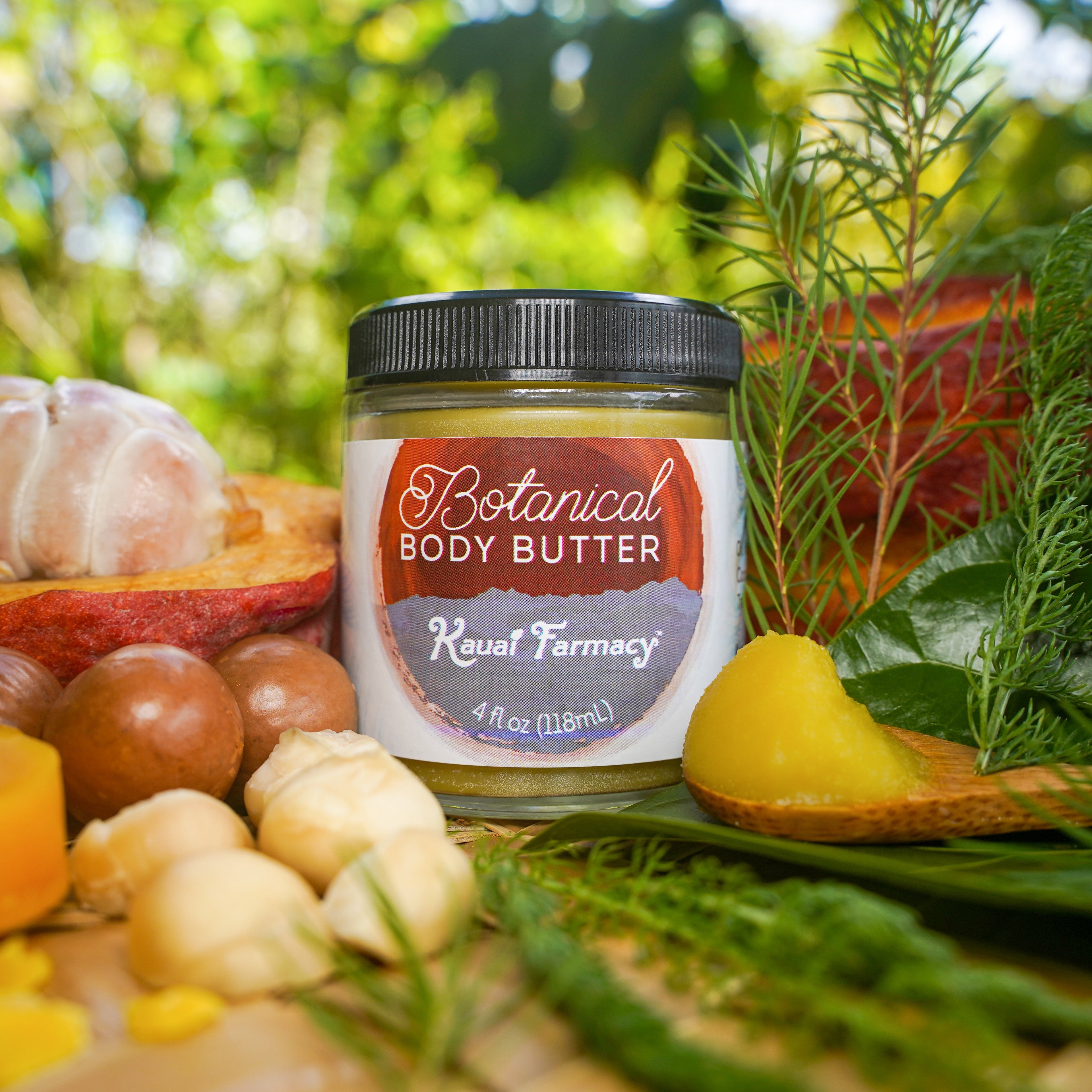 Jar of Botanical Body Butter from Koval Farmacy surrounded by natural elements like leaves and fruits.