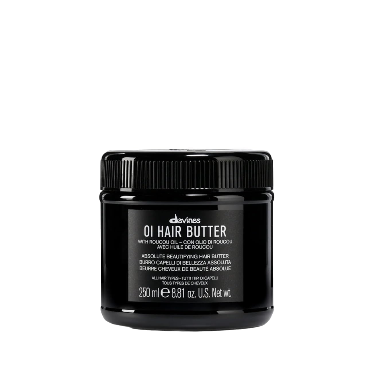 Black jar of Davines OI Hair Butter on a white background