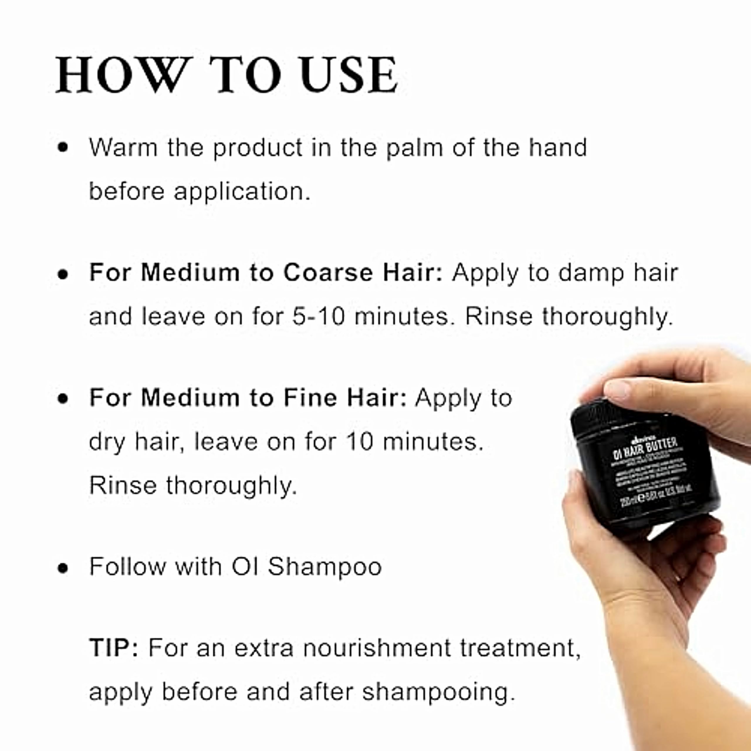 Instructions on how to use a hair product with a hand holding the container.