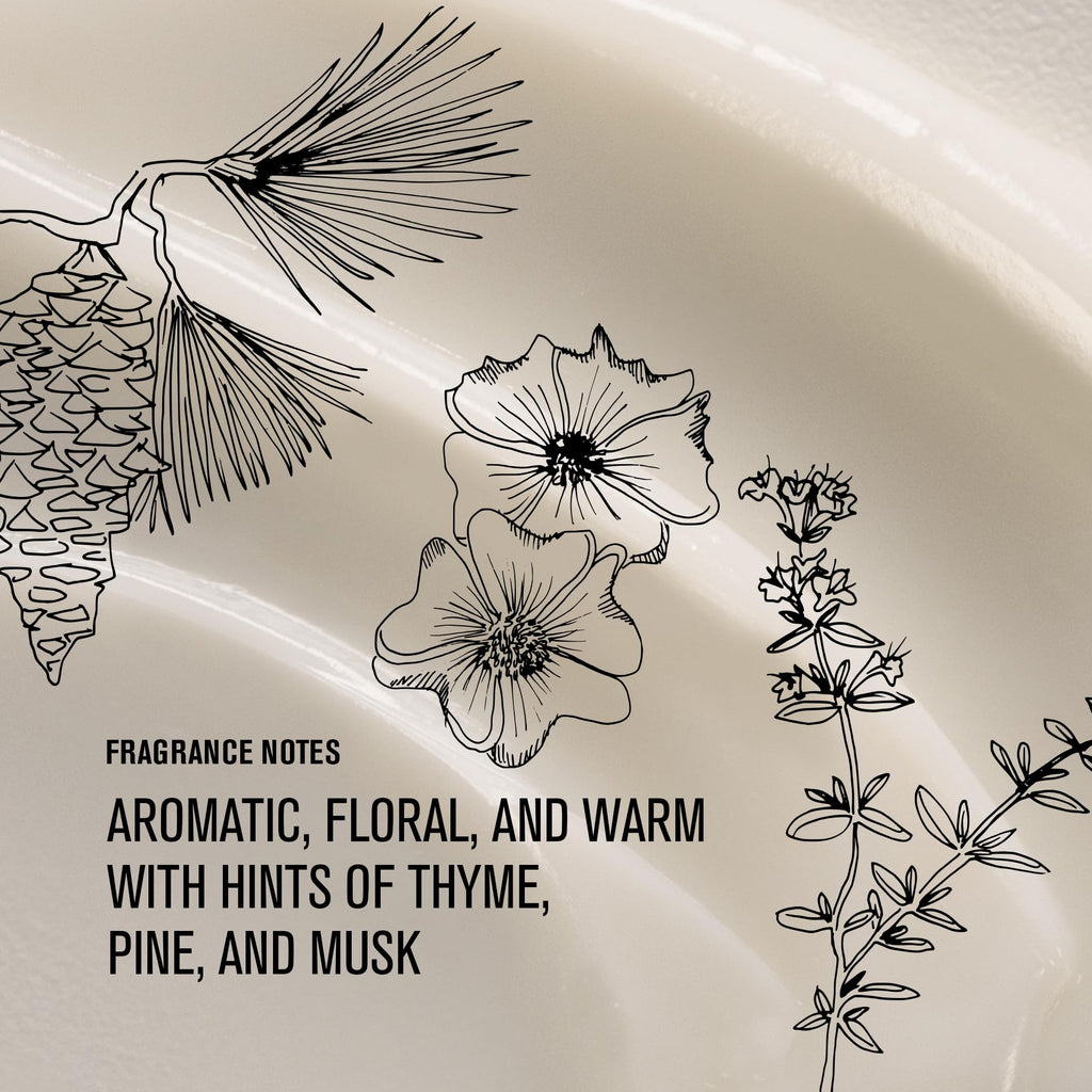 Illustrations of flowers and plants on a beige background with fragrance notes text.