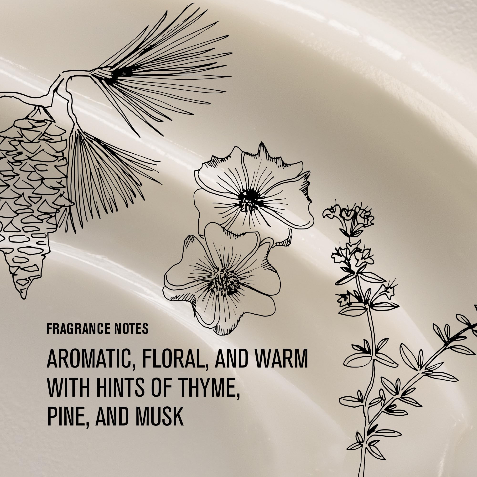 Illustrations of flowers and plants on a beige background with fragrance notes text.