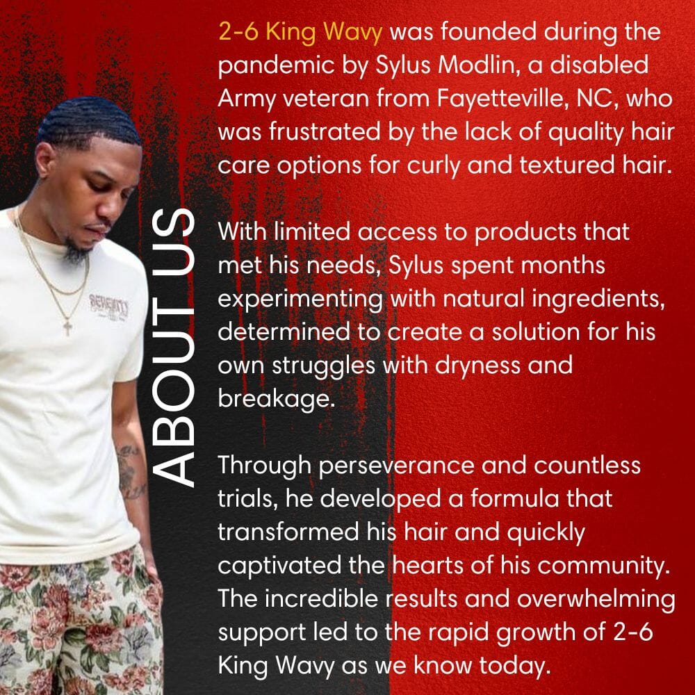 Person wearing a white t-shirt with text about 2-6 King Wavy's founding and mission.