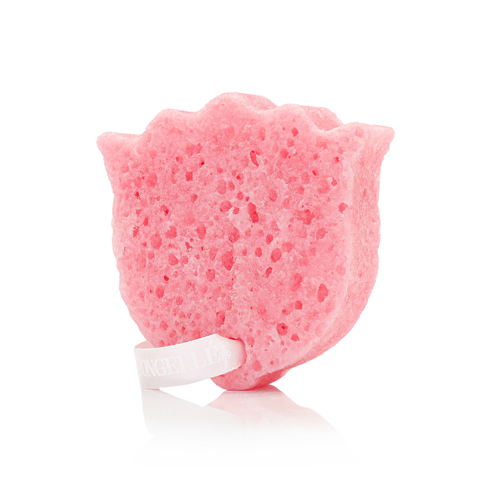 Pink cat-shaped sponge on a white background