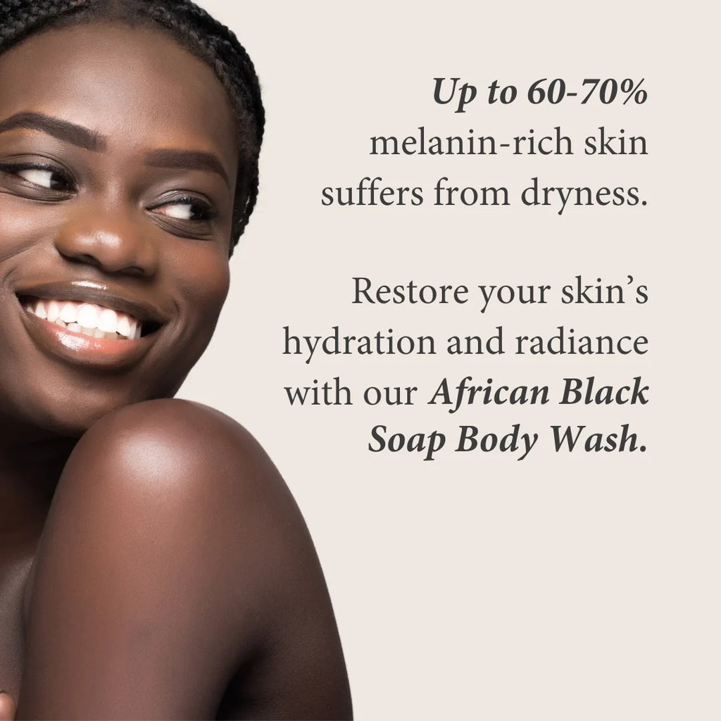 Advertisement for African Black Soap Body Wash featuring a woman with dry skin.