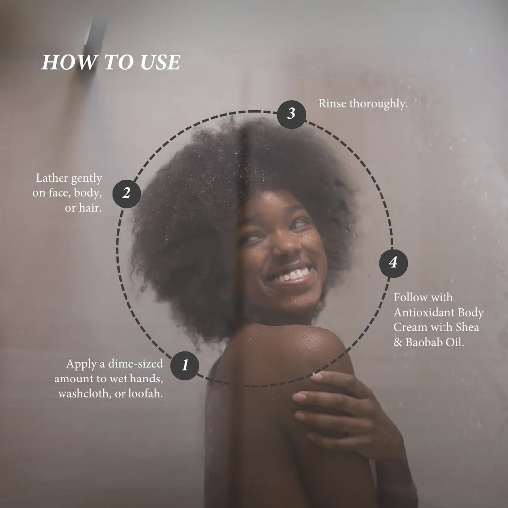 Woman with an afro, with text on how to use a product, on a gray background.