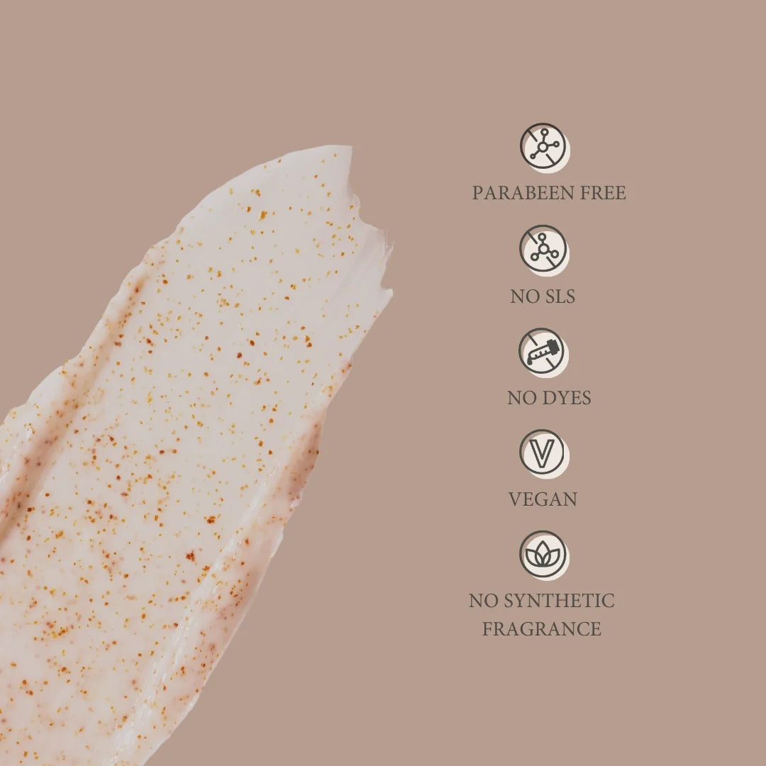 Product packaging with natural texture and certification icons on a beige background