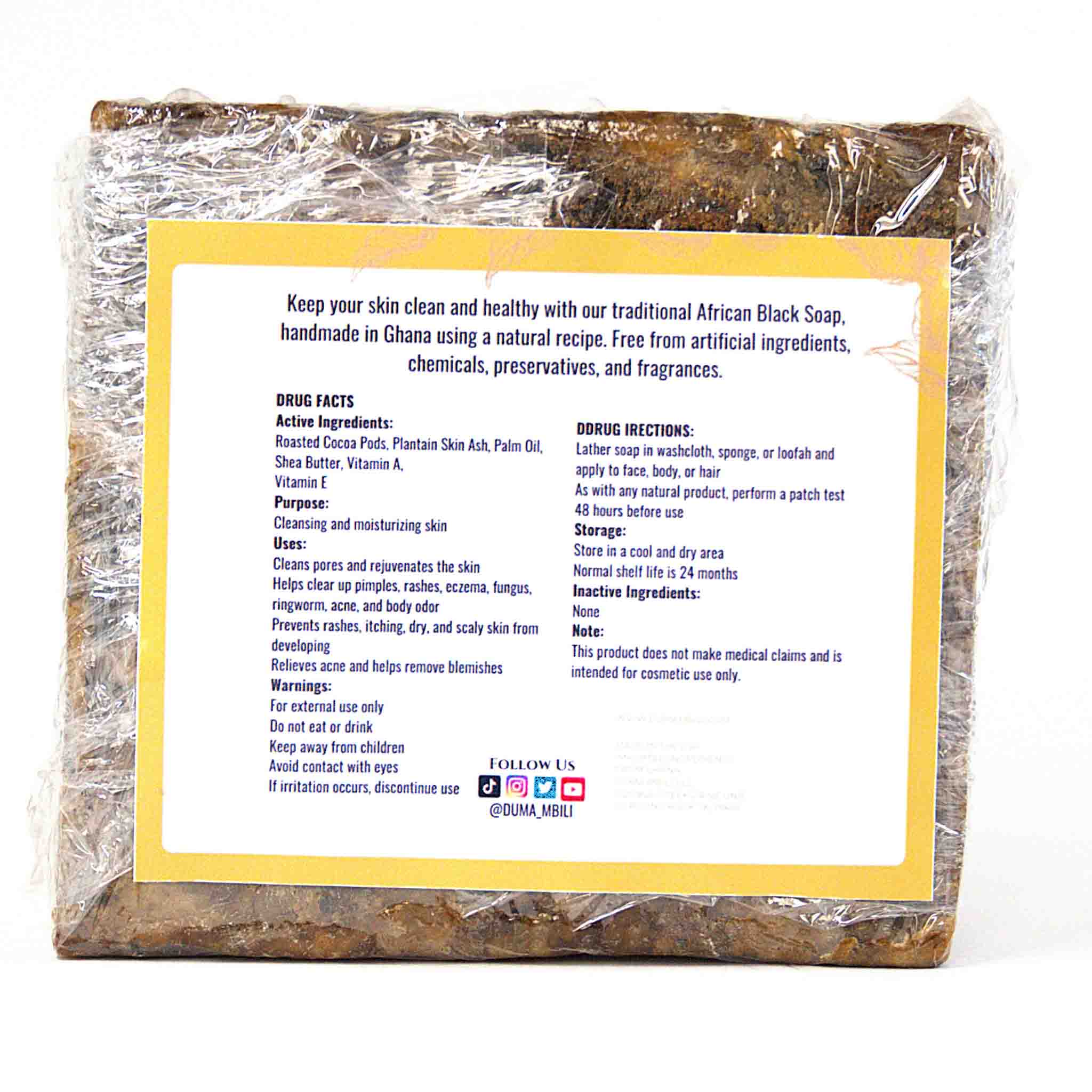 Packaged African Black Soap with label on a white background