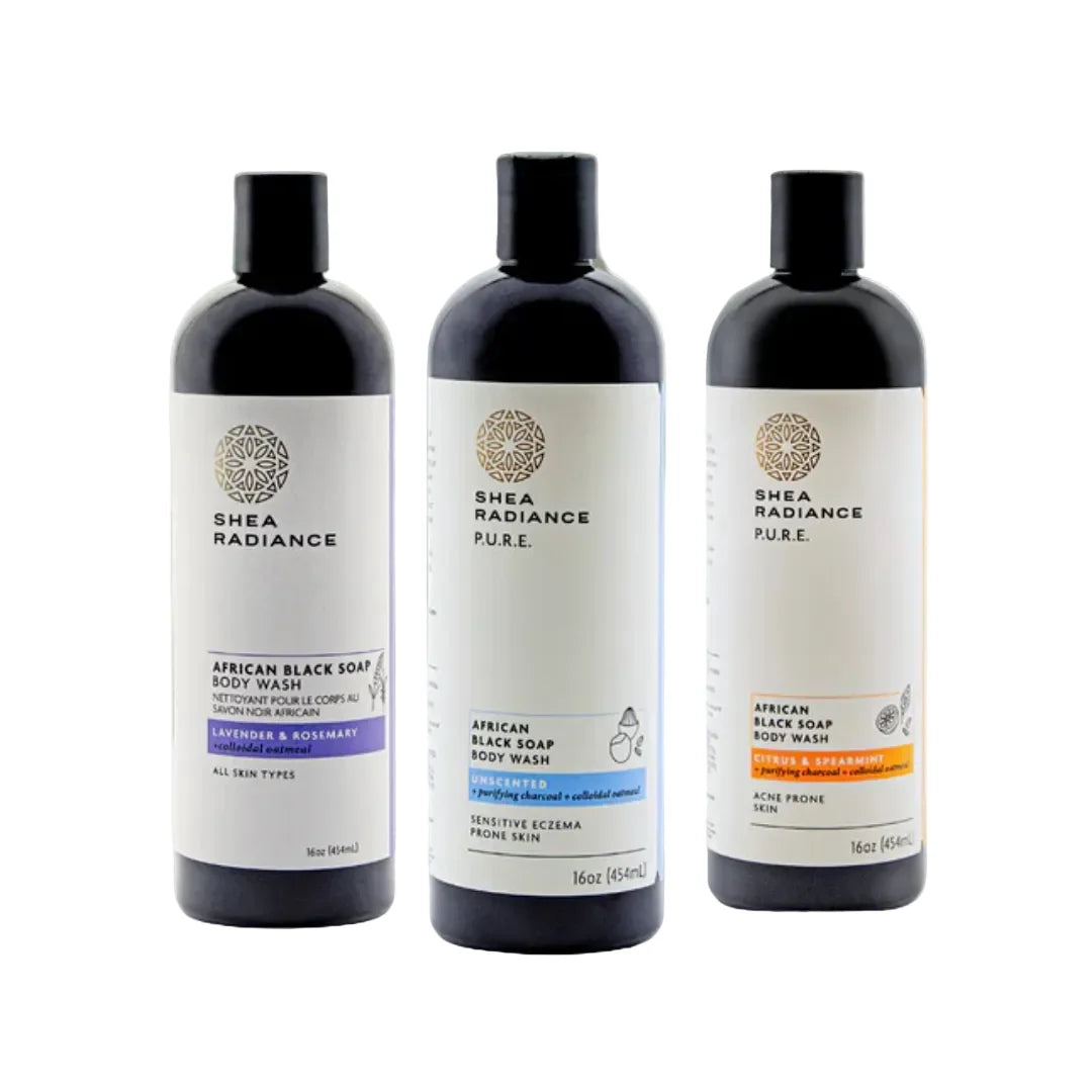 Three bottles of Shea Radiance African Black Soap Body Wash on a white background