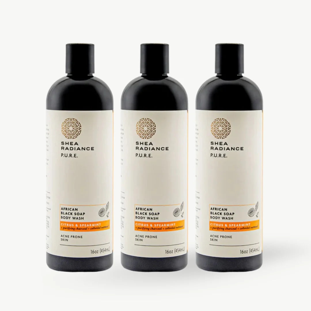 Three bottles of Shea Radiance Pure African Black Soap Body Wash on a white background