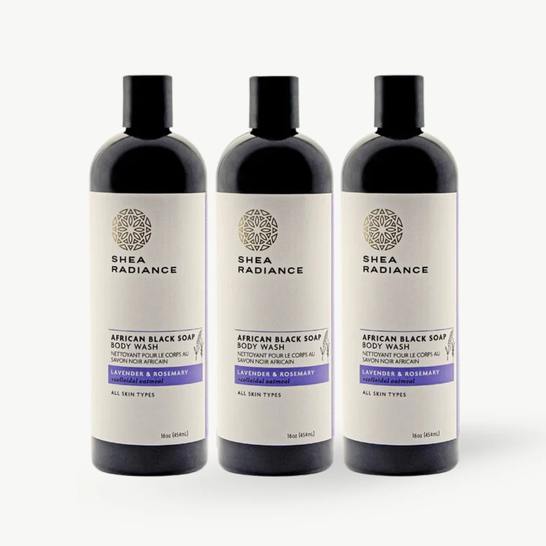 Three bottles of Shea Radiance African Black Soap Body Wash on a white background