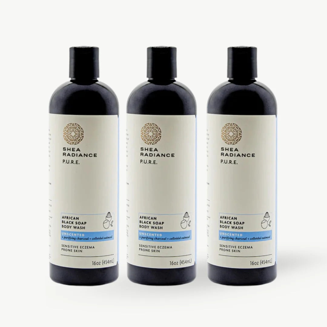 Three bottles of Shea Radiance Pure African Black Soap Body Wash on a white background