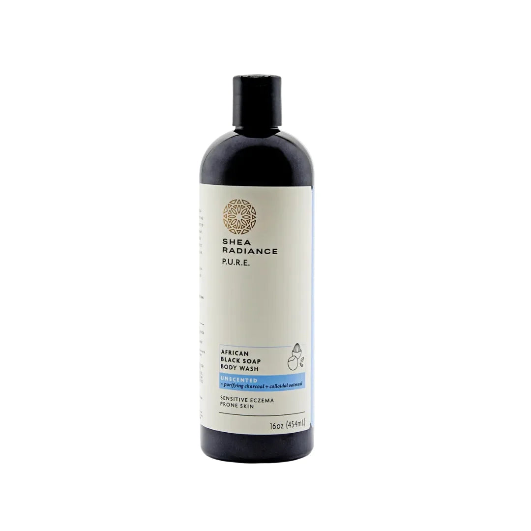 A 16oz black bottle of Shea Radiance Pure African Black Soap Cleansing Wash with a cream-colored label, shown on a plain white background.