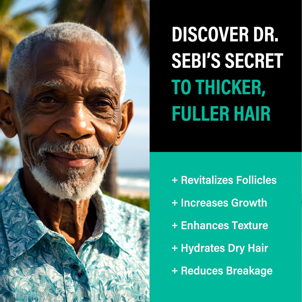 Man with gray hair and beard outdoors, promotional text for Dr. Sebi's hair care products.