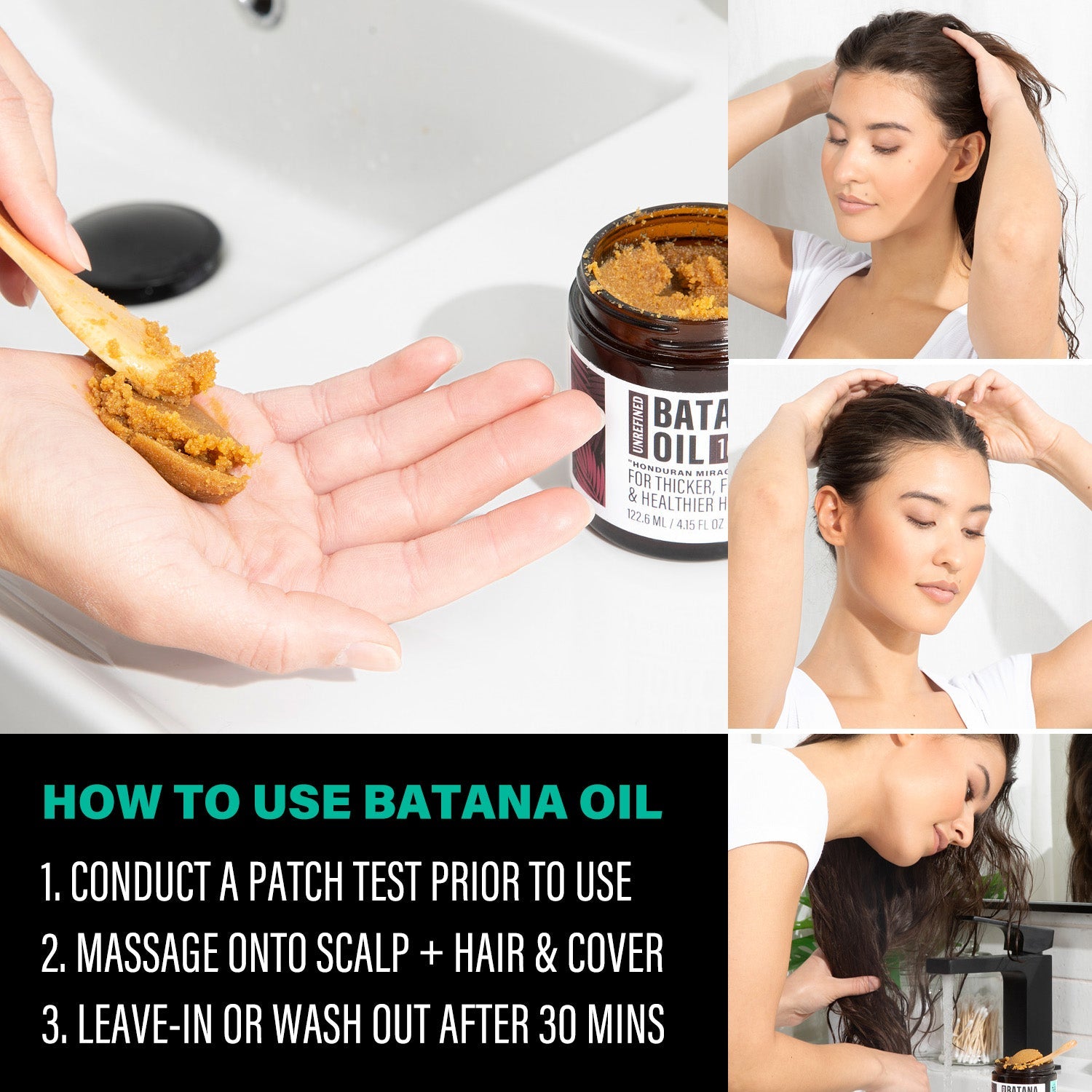 Instructions on how to use Batana Oil with a jar and application process.