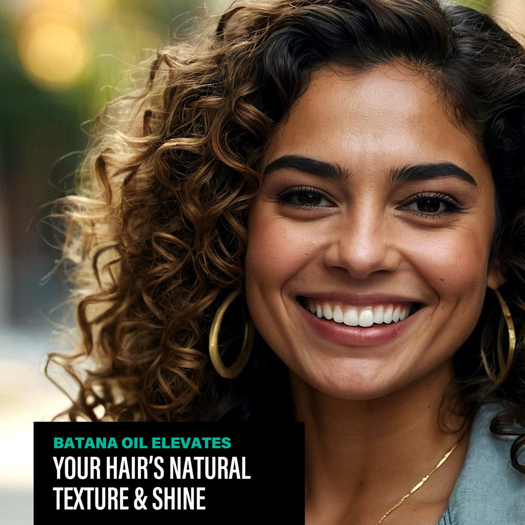 Woman with curly hair smiling, with text about Batana Oil's benefits.