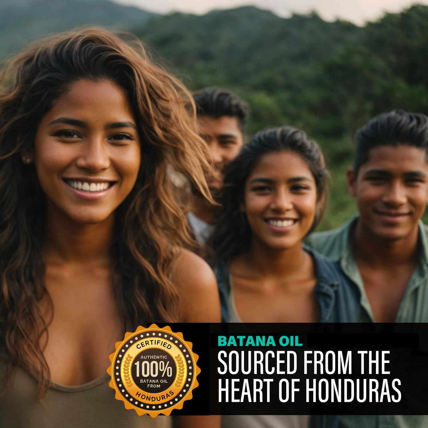 Group of people with a Batana Oil logo and text about oil sourced from Honduras.