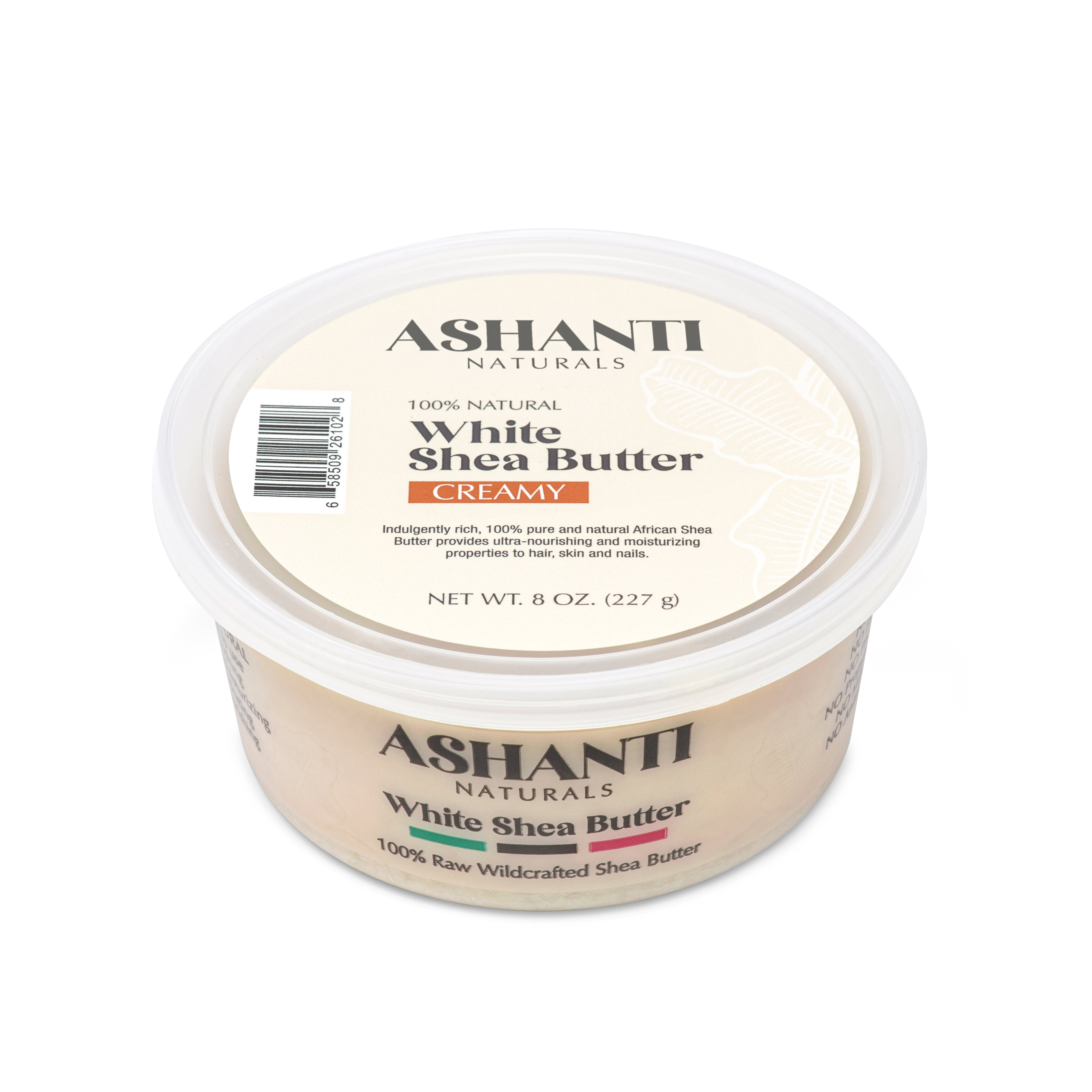 Ashanti Naturals White Shea Butter Creamy in an 8 oz clear plastic tub with a beige label and white lid, shown on a white background.