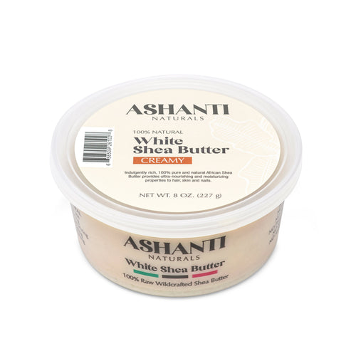 Ashanti Naturals White Shea Butter Creamy in an 8 oz clear plastic tub with a beige label and white lid, shown on a white background.