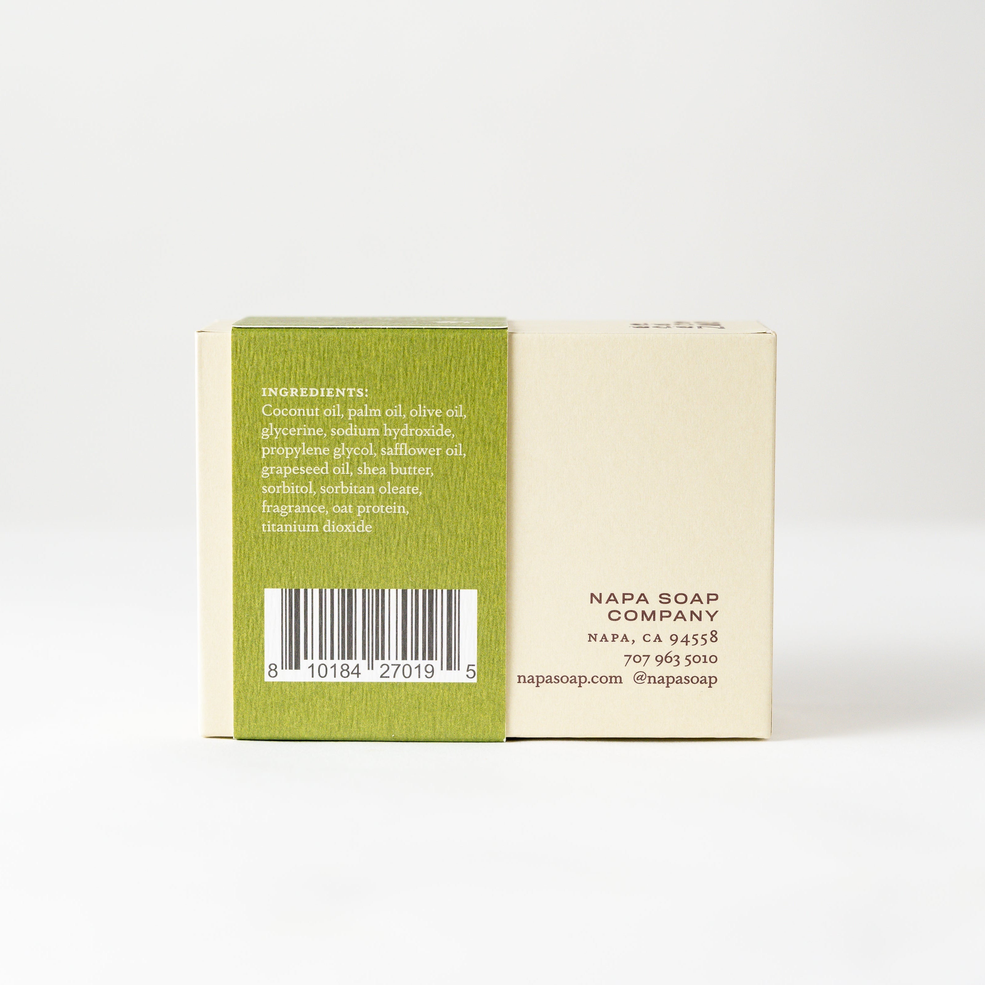Napa Soap Company soap bar with green and beige packaging on a white background
