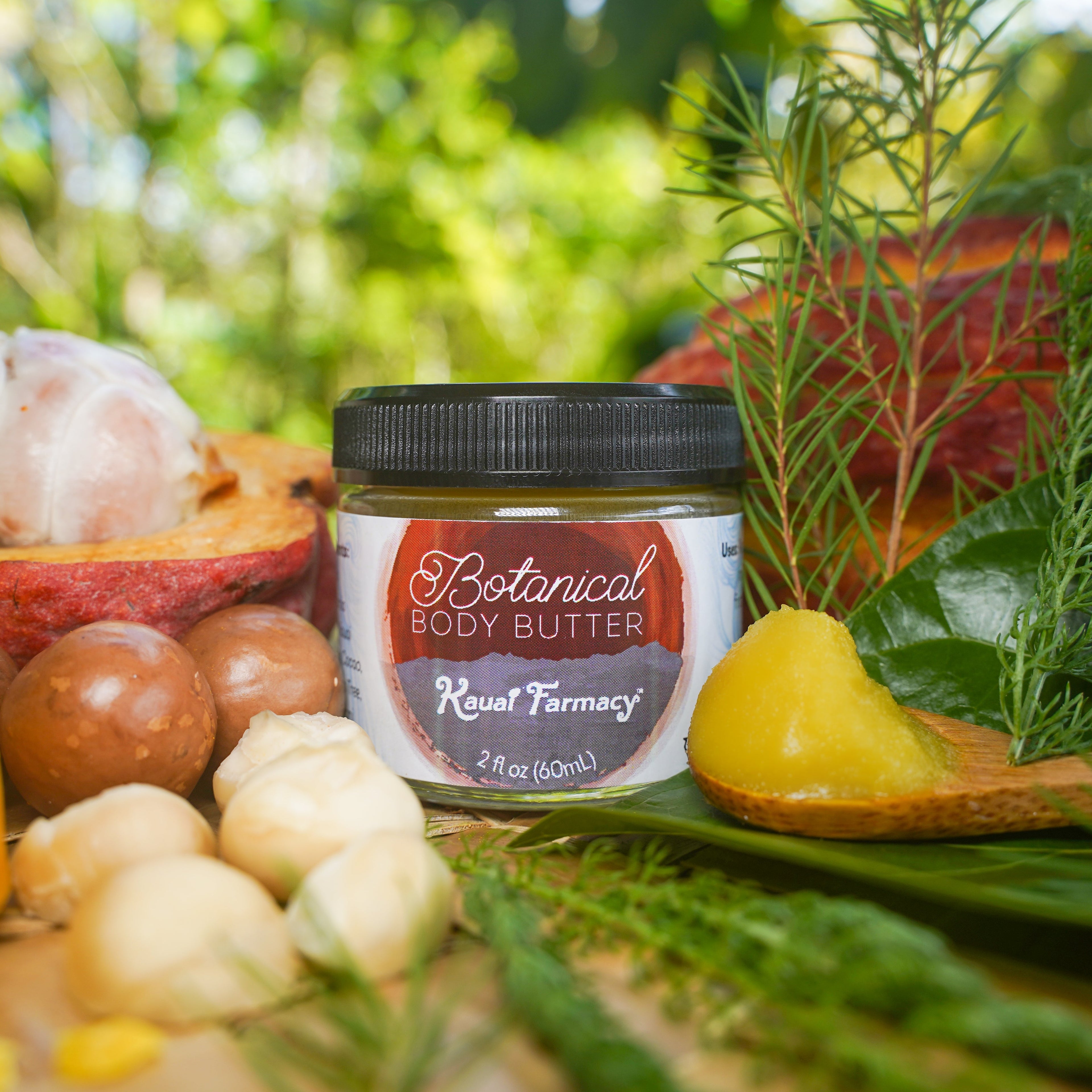 Jar of Botanical Body Butter from Koval Farmacy surrounded by natural elements like fruits and leaves.