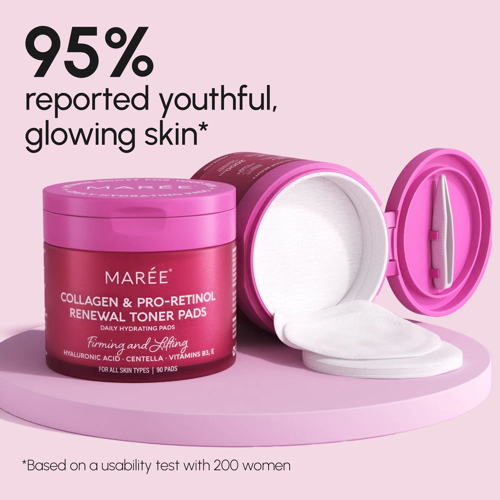 Maree collagen and pro-retinol toner pads with a pink container on a light pink background